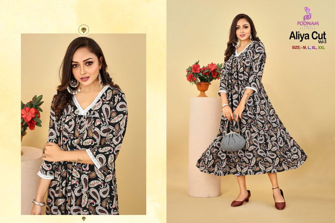 Aliya Cut Vol 3 By Poonam Printed Party Wear Kurtis Catalog
